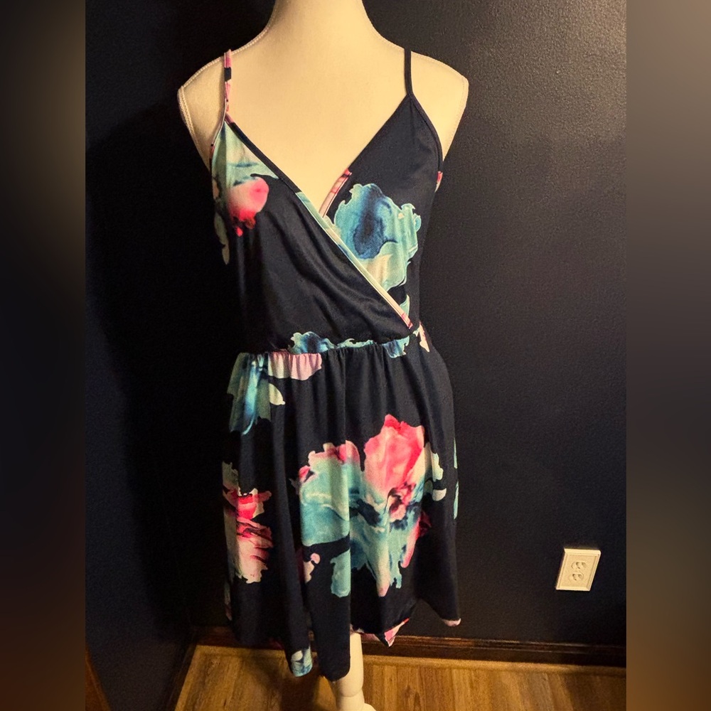 Navy Floral Wrap-Style Sundress with Pink & Teal Blooms
